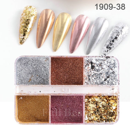 6 Grids Pearl Glitter Powder Aurora Effect Holographic Mirror Nails