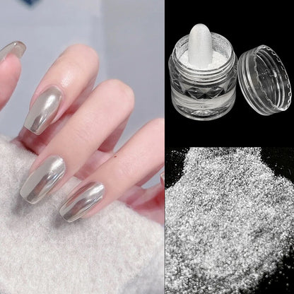 Moonlight Mirror Power White Silver Glitters Metallic  Nails