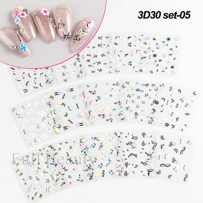 30Pcs Pink White Flowers Nail Sticker Cherry Cute Floral