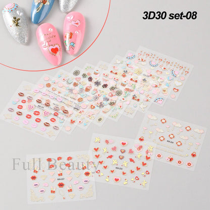 30Pcs Pink White Flowers Nail Sticker Cherry Cute Floral