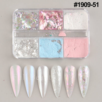 6 Grids Pearl Glitter Powder Aurora Effect Holographic Mirror Nails