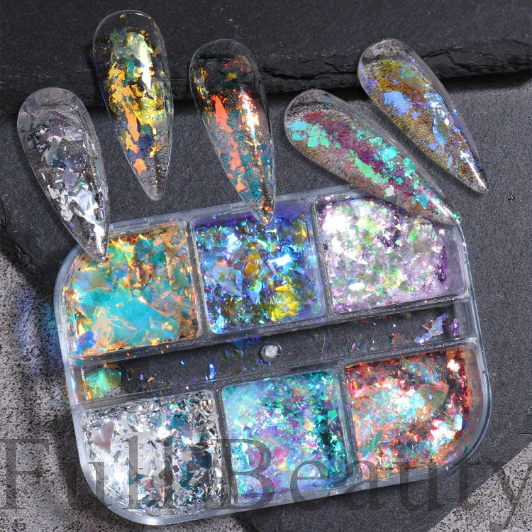 6 Grids Pearl Glitter Powder Aurora Effect Holographic Mirror Nails