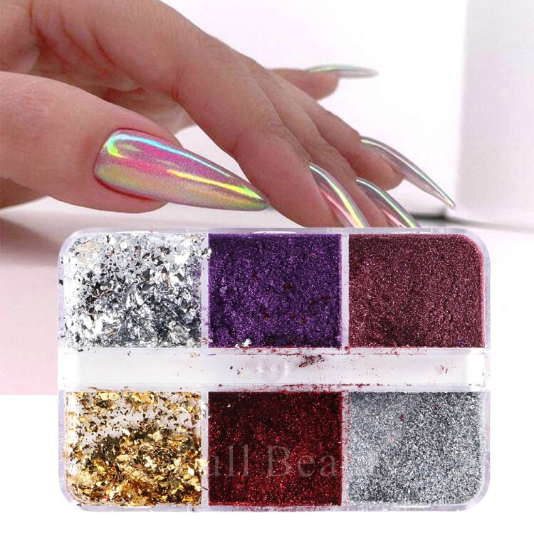 6 Grids Pearl Glitter Powder Aurora Effect Holographic Mirror Nails