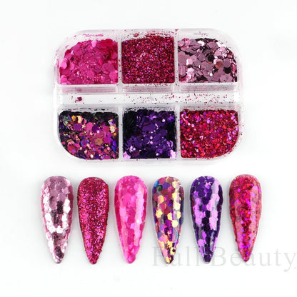6 Grids Pearl Glitter Powder Aurora Effect Holographic Mirror Nails